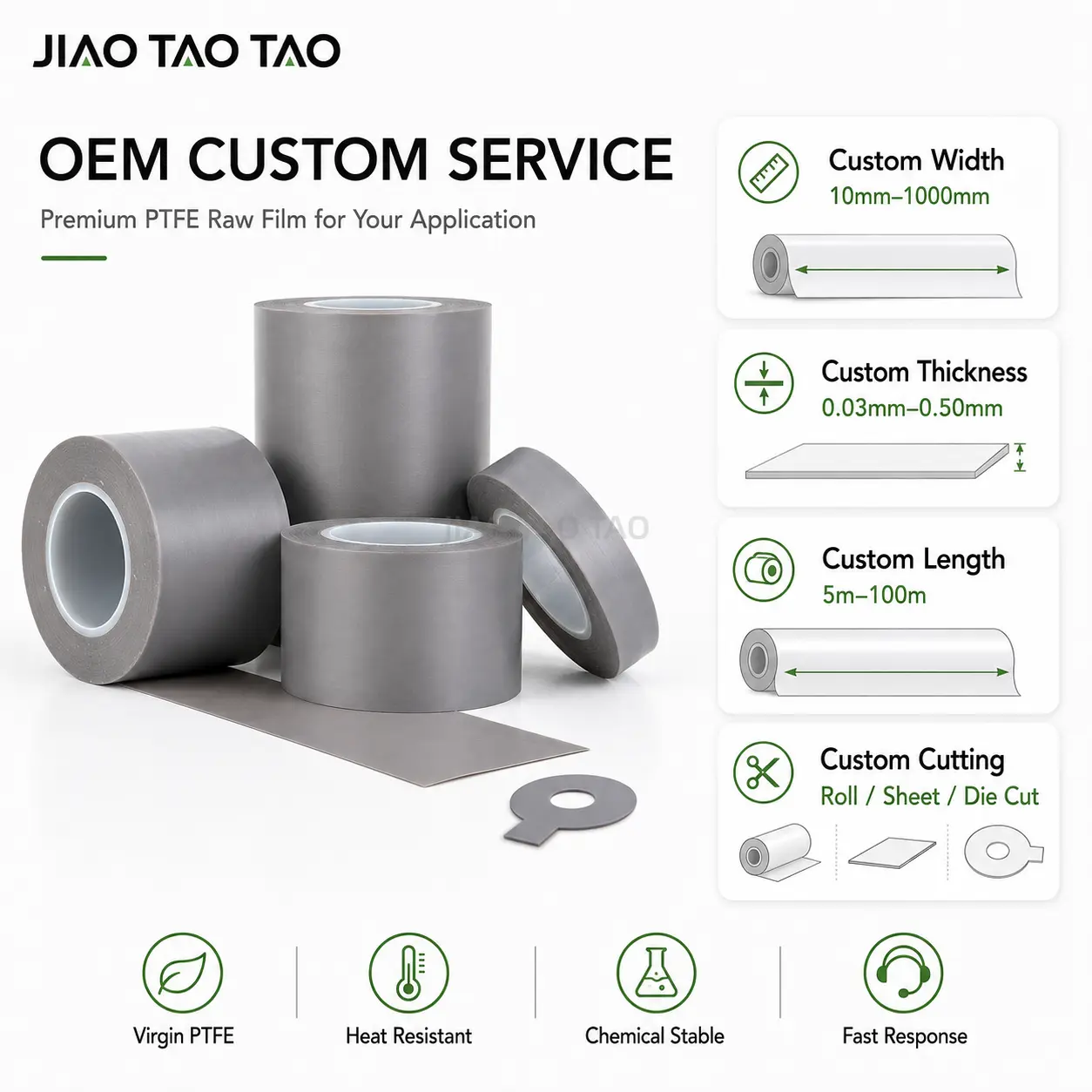Virgin PTFE film and Teflon raw film OEM custom service in roll and sheet formats.